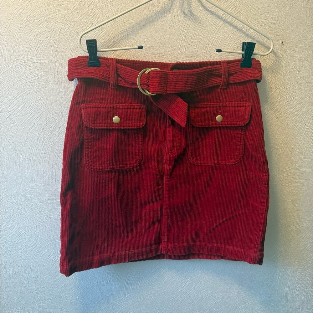 LOFT Red Crimson Corduroy Mini Skirt Belted Cotton Size 2 Cottagecore Preppy - Picture 2 of 5